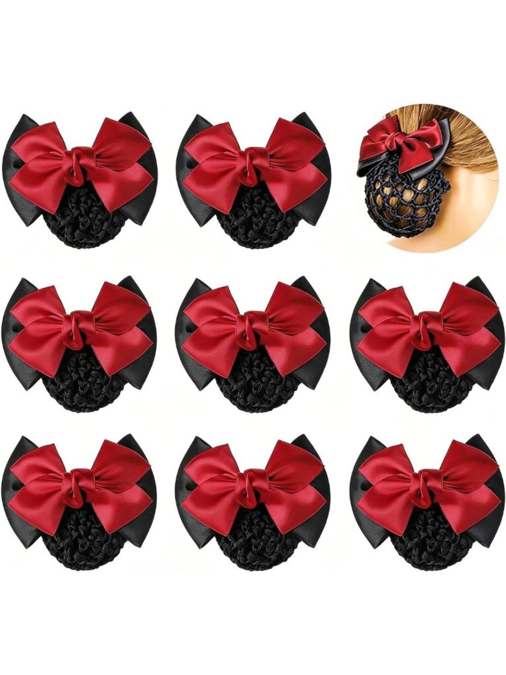 Chic Red Satin Bow Snood & Barrette Set | Non-Slip Mesh Hair Clips for Women